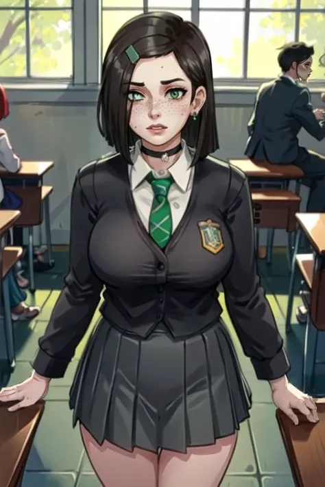(best quality, ultra detailed), (full-face blush), (detailed background:1.2), (perfect face, detailed face), looking at viewer, (mature female:1.4), ismelda, 1girl, long hair, (solo:1.1), green eyes, black hair, green hairclip, (hair over one eye, thick lips:1.4), waist, narrow waist, (freckles, choker, pleated skirt:1.2), (black miniskirt), school uniform, jewelry, earrings, collared shirt, white shirt, big breasts, green necktie, (striped necktie), sharp focus, sexually suggestive, puckered lips, indoors, school desk, brick wall, window, standing, cowboy shot, (depth of field, thick thighs), <lora:IsmeldaMurk:0.7>>