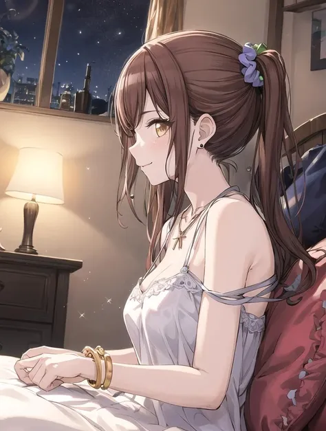 1girl, jewelry, solo, hair ornament, negligee, looking at viewer,  osaki amana, necklace, yellow eyes, indoors, long hair, hairclip, scrunchie, hair scrunchie, collarbone, breasts, nail polish, smile, earrings, bracelet, alternate hairstyle, swept bangs, bangs, brown hair, bare shoulders,  yellow nails, closed mouth, blush, cleavage, <lora:OhsakiAmanaV3:0.8>, <lora:flat2:-0.4>,hands behind back,  <lora:matWomen_v4f:0.5>,dynamic angle,dutch angle,bedroom,sitting,(from above,night,from side,profile,upper body,Lean back to bed,:1.1),(sitting against the big pillow:1.4)