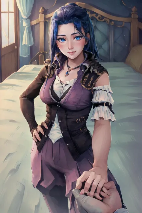 Highly detailed, High Quality, Masterpiece, beautiful, acncait, hand on hip, <lora:Arcane-09:1>, 1girl, solo, <lora:HoldingHandsPov:1>, IncrsHoldingHandsPov, holding hands, pov hands, smile, blush, happy,