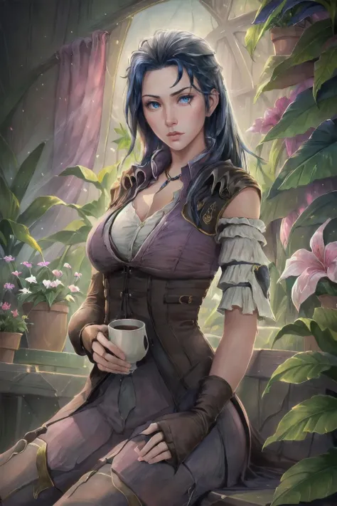 ((determined ((dark-skinned ((Haitian)) female steampunk professor alchemist)) outside writing geometry equations on a whiteboard, (wearing detailed flowing outfit), (wearing lace snake choker), (???????? flower tattoos on arms and legs), high quality photo, mischievously standing in the garden (with copious tall cannabis sativa plants and hydrangeas surrounding scene during foggy sunrise)