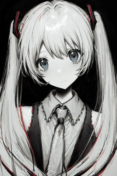 masterpiece, high quality, highly detailed, best quality, 1girl, solo, hatsune miku, limited palette, monochrome, greyscale, spot color, <lora:chan8016-03:1>
