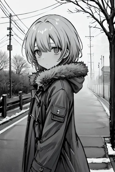 masterpiece, best quality, highly detailed, 1girl, bare tree, closed mouth, coat, empty eyes, fog, fur-trimmed jacket, fur trim, greyscale, jacket, looking at viewer, monochrome, overcast, road, sad, sky, solo, spot color, street, traffic light, tree, winter clothes, winter coat, <lora:chan8016-03:1>
