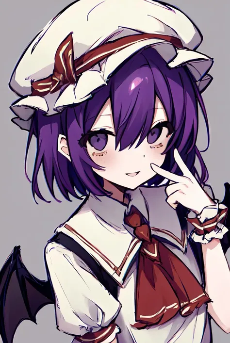 (((remilia scarlet))),(touhou),((red eyes)),(((short hair,purple hair,light purple hair,blue hair))),(((slit pupils))),(((white headwear,pink headwear, mob cap))),(((motorcycle racing wear))),(((grin))),(((upper body))),(((small breasts))),(((simple white background))),(((Side angle)))