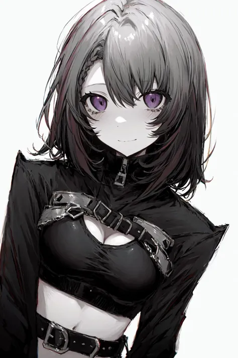 a beautiful girl with violet hair wearing a black dress, extremely detailed facial features, bob haircut, woman wearing a long black and red coat, solo character, white background, anime style, very detailed, photorealistic, 8k, best quality, masterpiece, red eyes, short hair