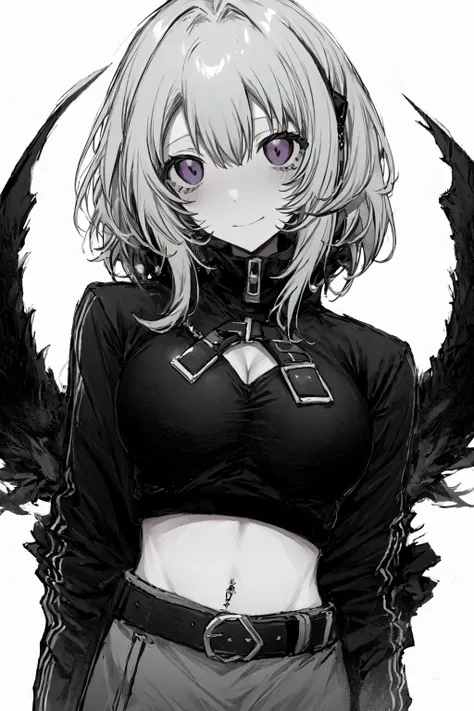 masterpiece, best quality, highly detailed, 1girl, belt, belt buckle, blush, breasts, buckle, cleavage, colored inner hair, covering mouth, greyscale, hand over own mouth, large breasts, limited palette, long sleeves, looking at viewer, midriff, monochrome, multicolored hair, piercing, purple eyes, simple background, sleeves past wrists, smile, solo, spot color, upper body, white background, <lora:chan8016-03:1>