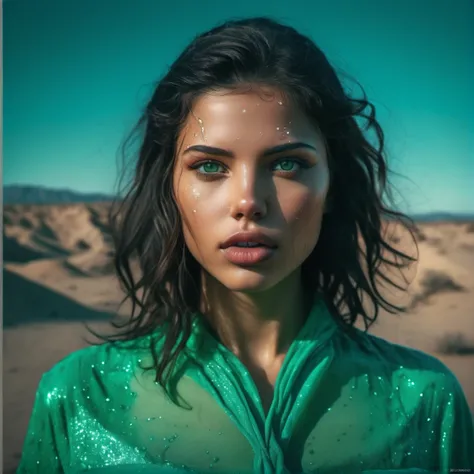 transparent sea-green and sparkling sea-green colors, nsfw, sex, porno, fuck, tits, hardcore, hyper sex, extreme passion, gore, violence, pouty lips, puckered lips, girl looking like the mix of Adriana Lima and Zendaya and Jessica Alba wildlife photography, in a ral-bnz desert, 4K UHD, 8K UHD, High-definition, capturing , full body portrait , depth of field, bokeh with neon backlight , rear view, view from behind, back view , (realistic, cinematic, photorealistic, still, hollywood effects, details, intricate:1.5), intricate, parameters best quality, detailed, masterpiece, hyper details , splash color art in vintage poster style in style of Guillermo Del Toro