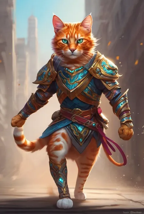 an illustration of a colorful cat humanoid warrior, trending on artstation , fantasy art, running to battle , action pose