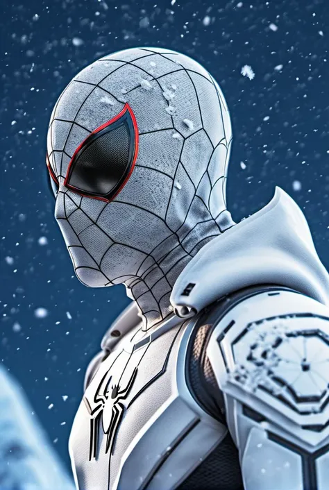 ((Spiderman wearing a white mech suit)), covered in snow, in Antartica, full body, ice and snow background, heavy snowfall, detailed, realistic, 8k uhd, high quality, ((masterpiece))