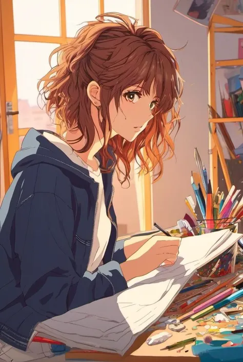 anime artwork (masterpiece, best quality), 1girl, messy hair, messy room, looking down, painter . anime style, key visual, vibrant, studio anime,  highly detailed