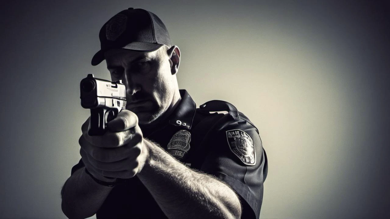 1 Police officer pull the trigger, 9mm gun, tall, scary, long shadows, shadow style, full body
