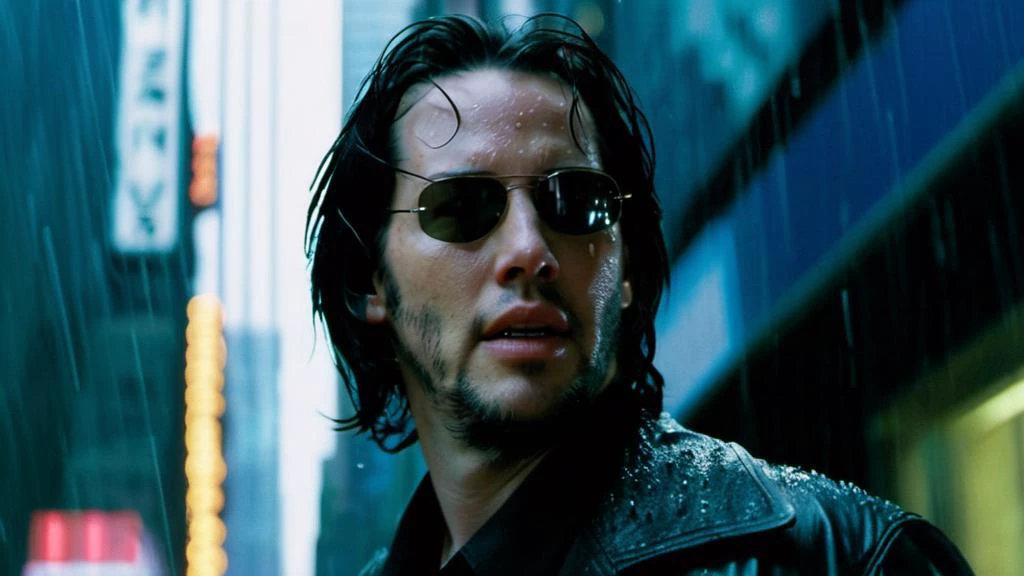 from below, Keanu Reeves walking in the streets of Manhattan, detailed sunglasses, heavy rain, from The Matrix 1999, soft light, IMAX, 4k remaster, highly detailed, detailed mouth, detailed hair, detailed outfit