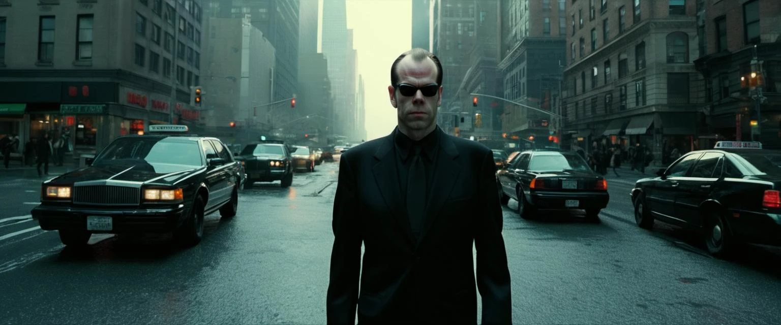 ultra wide shot of (Hugo Weaving:1.3) as Agent Smith walking in downtown Manhattan, looking at viewer, detailed suit, detailed outfit, detailed hair, detailed sunglasses, from The Matrix 1999, heavy rain, soft light, IMAX, 4k remaster, insanely detailed, rain everywhere