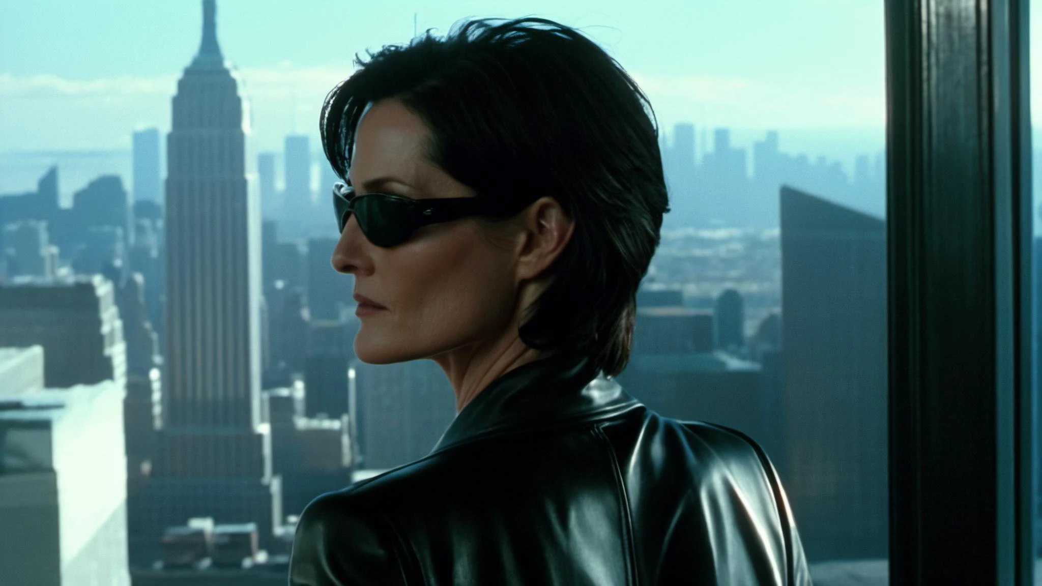 from behind, (Carrie-Anne Moss:1.3) pensively looking through a soaped up window in a corporate office, sunglasses, detailed hair, a landscape from The Matrix 1999, soft light, IMAX, 4k remaster, skyscrapers, New York, NYC, highly detailed, cars in the distance, [welcome to the desert of the real:40]