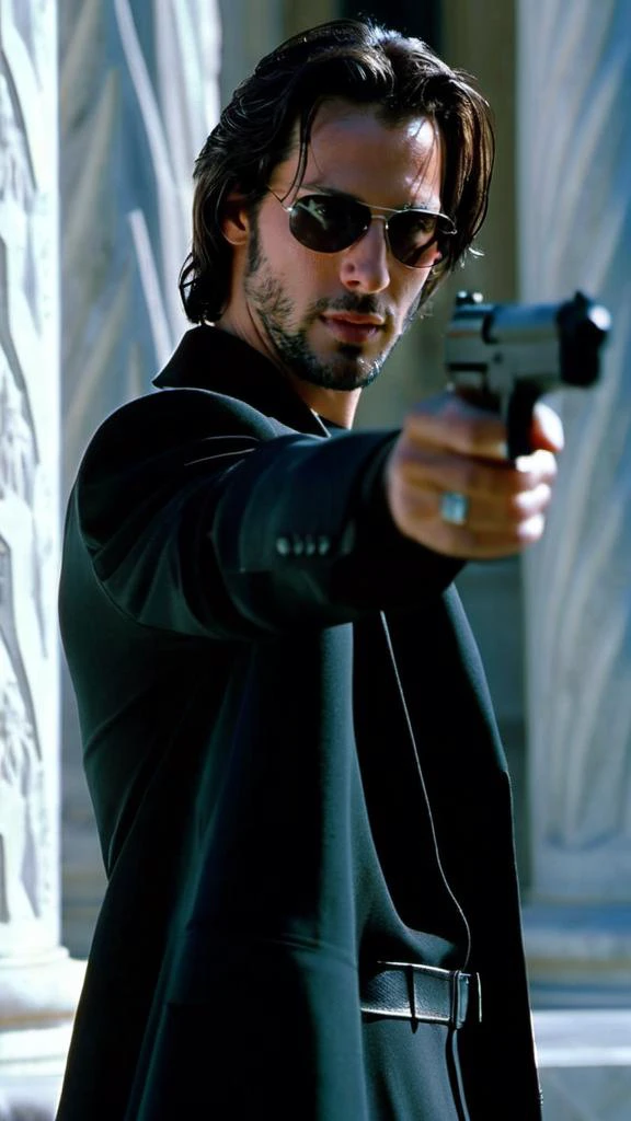 Young Keanu Reeves Neo holding guns akimbo while standing next to a marble pillar, frantically taking cover from enemy fire, action movie shot, midst of the action, dynamic pose, detailed sunglasses, short hair, detailed hair, from The Matrix 1999, soft light, IMAX, 4k remaster, highly detailed, detailed hair, detailed outfit