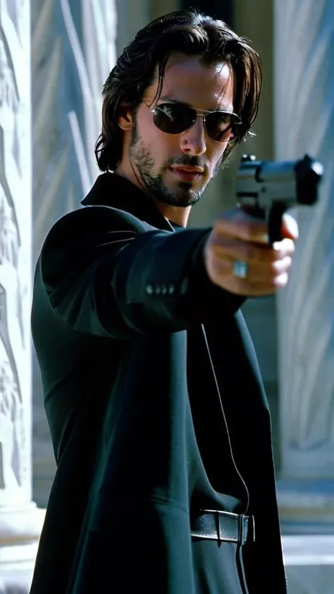 Young Keanu Reeves Neo holding guns akimbo while standing next to a marble pillar, frantically taking cover from enemy fire, action movie shot, midst of the action, dynamic pose, detailed sunglasses, short hair, detailed hair, from The Matrix 1999, soft light, IMAX, 4k remaster, highly detailed, detailed hair, detailed outfit