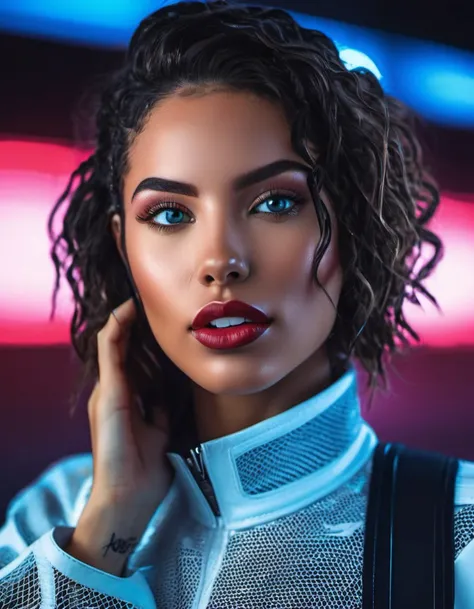 Marta Syrko style, extremely sexy, bright clothes, african woman, lusful look, short and long curly hair, sensual smile, spitline in mouth, tongue tip out of mouth, tongue between teeth, like before a kiss, few cute freckles, dramatic blue key light, cyberpunk aesthetic, photo of beautiful young cute cyberpunk lady, cibi, babyface, glowing eyes, extreme cyberpunk haircut, huge smile showing teeth, dying of laughter, laughing out loud, perfect teeth, replicant, fake skin, human sinlike texture, a woman with beautiful hair, lots of colored zips, high tech cyberpunk attire, dressed in leather and neon lights, lineson clothes, shadows on clothes, bump mapping, light dots on clothes,no lipstick, glossy lips, as a star in a (movieiere), premiere gala, (near a movie thea natural skin texture, (sexy tight white sheer mesh turtleneck dress), 24mm, 4k textures, soft cinematic light, adobe lightroom, photolab, hdr, intricate, elegant, highly detailed, sharp focus, ((((cinematic look)))), soothing tones, insane details, intricate details, hyperdetailed, low contrast, soft cinematic light, exposure blend, hdr, faded, (paparazzi in background), (painted lips:1.1), ((looking at camera:1.1)), lasers shooting in the background.