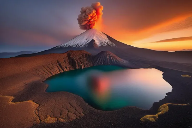 (masterpiece, best quality, highly detailed), stunning, realism, a scene of unparalleled natural beauty: a serene lake nestled amidst towering mountains, with a small stream winding through lush meadows. The air is crisp, carrying the scent of pine, while the sky is ablaze with the colors of the setting sun. On the distant horizon, an erupting volcano spews molten lava into the air, casting an eerie red glow on the landscape. Amidst this spectacle, a campfire flickers on the shore, illuminating the water with its warm light. Snow-capped peaks rise majestically, waterfalls cascade down their slopes, and mist hangs in the air. Here, amidst the convergence of air, water, earth, fire, and the raw power of nature, one witnesses a truly transcendent moment of beauty that leaves an indelible mark on the soul, extra water detail, depth of view