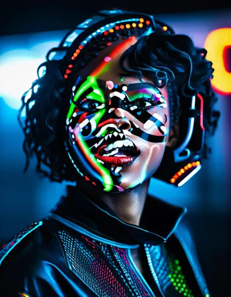 Marta Syrko style, african woman, lusful look, short curly hair, sensual smile, spitline in mouth, tongue tip out of mouth, tongue between teeth, like before a kiss, few cute freckles, dramatic blue key light, cyberpunk aesthetic, photo of beautiful young cute cyberpunk lady, cibi, babyface, glowing eyes, extreme cyberpunk haircut, huge smile showing teeth, dying of laughter, laughing out loud, perfect teeth, replicant, fake skin, human sinlike texture, a woman with beautiful hair, lots of colored zips, high tech cyberpunk attire, dressed in leather and neon lights, lineson clothes, shadows on clothes, bump mapping, light dots on clothes,no lipstick, glossy lips, as a movie star in a (movie premiere), premiere gala, (near a movie theatre), natural skin texture, (sexy tight white sheer mesh turtleneck dress), 24mm, 4k textures, soft cinematic light, adobe lightroom, photolab, hdr, intricate, elegant, highly detailed, sharp focus, ((((cinematic look)))), soothing tones, insane details, intricate details, hyperdetailed, low contrast, soft cinematic light, exposure blend, hdr, faded, (paparazzi in background), (painted lips:1.1), ((looking at camera:1.1)), lasers shooting in the background.