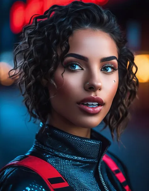 Marta Syrko style, extremely sexy, bright clothes, african woman, lusful look, short and long curly hair, sensual smile, spitline in mouth, tongue tip out of mouth, tongue between teeth, like before a kiss, few cute freckles, dramatic blue key light, cyberpunk aesthetic, photo of beautiful young cute cyberpunk lady, cibi, babyface, glowing eyes, extreme cyberpunk haircut, huge smile showing teeth, dying of laughter, laughing out loud, perfect teeth, replicant, fake skin, human sinlike texture, a woman with beautiful hair, lots of colored zips, high tech cyberpunk attire, dressed in leather and neon lights, lineson clothes, shadows on clothes, bump mapping, light dots on clothes,no lipstick, glossy lips, as a star in a (movieiere), premiere gala, (near a movie thea natural skin texture, (sexy tight white sheer mesh turtleneck dress), 24mm, 4k textures, soft cinematic light, adobe lightroom, photolab, hdr, intricate, elegant, highly detailed, sharp focus, ((((cinematic look)))), soothing tones, insane details, intricate details, hyperdetailed, low contrast, soft cinematic light, exposure blend, hdr, faded, (paparazzi in background), (painted lips:1.1), ((looking at camera:1.1)), lasers shooting in the background.