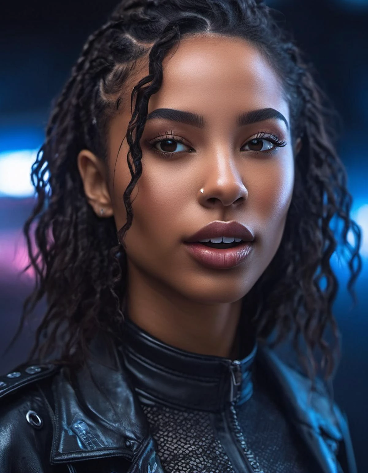 Marta Syrko style, african asian woman, lusful look, long curly hair, sensual smile, spitline in mouth, tongue tip out of mouth, tongue between teeth, like before a kiss, few cute freckles, dramatic blue key light, cyberpunk aesthetic, photo of beautiful young cute cyberpunk lady, cibi, babyface, glowing eyes, extreme cyberpunk haircut, huge smile showing teeth, dying of laughter, laughing out loud, perfect teeth, replicant, fake skin, human sinlike texture, a woman with beautiful hair, lots of colored zips, high tech cyberpunk attire, dressed in leather and neon lights, lineson clothes, shadows on clothes, bump mapping, light dots on clothes,no lipstick, glossy lips, as a movie star in a (movie premiere), premiere gala, (near a movie theatre), natural skin texture, (sexy tight white sheer mesh turtleneck dress), 24mm, 4k textures, soft cinematic light, adobe lightroom, photolab, hdr, intricate, elegant, highly detailed, sharp focus, ((((cinematic look)))), soothing tones, insane details, intricate details, hyperdetailed, low contrast, soft cinematic light, exposure blend, hdr, faded, (paparazzi in background), (painted lips:1.1), ((looking at camera:1.1)), lasers shooting in the background.