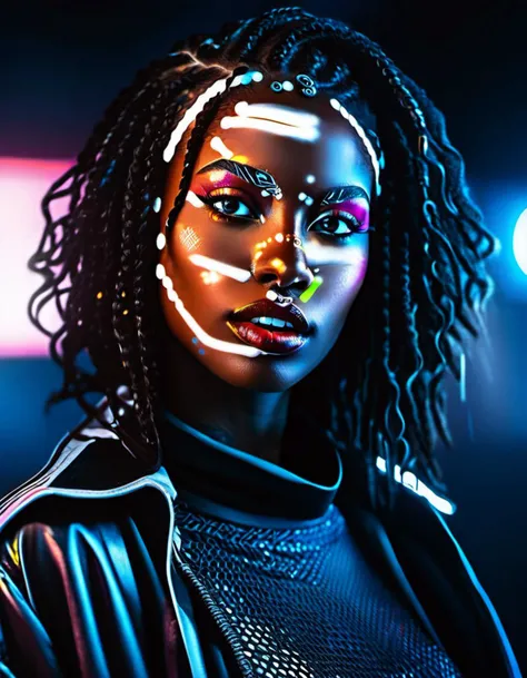 Marta Syrko style, african woman, lusful look, long curly hair, sensual smile, spitline in mouth, tongue tip out of mouth, tongue between teeth, like before a kiss, few cute freckles, dramatic blue key light, cyberpunk aesthetic, photo of beautiful young cute cyberpunk lady, cibi, babyface, glowing eyes, extreme cyberpunk haircut, huge smile showing teeth, dying of laughter, laughing out loud, perfect teeth, replicant, fake skin, human sinlike texture, a woman with beautiful hair, lots of colored zips, high tech cyberpunk attire, dressed in leather and neon lights, lineson clothes, shadows on clothes, bump mapping, light dots on clothes,no lipstick, glossy lips, as a star in a (movieiere), premiere gala, (near a movie thea natural skin texture, (sexy tight white sheer mesh turtleneck dress), 24mm, 4k textures, soft cinematic light, adobe lightroom, photolab, hdr, intricate, elegant, highly detailed, sharp focus, ((((cinematic look)))), soothing tones, insane details, intricate details, hyperdetailed, low contrast, soft cinematic light, exposure blend, hdr, faded, (paparazzi in background), (painted lips:1.1), ((looking at camera:1.1)), lasers shooting in the background.