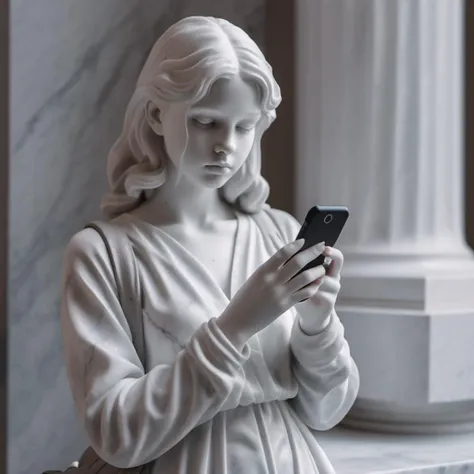 Marble statue of a girl looking at her phone inside a museum filled with paintings.