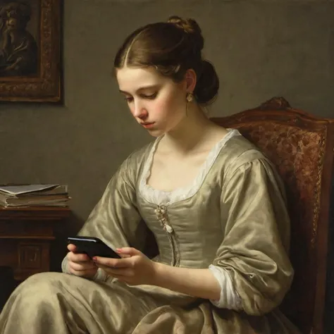 A classical painting of a girl looking at her phone