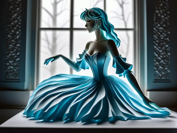 Kirigami representation of anime artwork hand drawn, In a room adorned with an eclectic collection of knick-knacks, each telling a story of its own, lay Sophia, enveloped in the soft embrace of a thin comforter. She was the epitome of serenity, dressed in a white and light blue negligee that seemed to borrow its hues from the morning sky. Her bare feet peeked out from the edge of the comforter, as if playfully greeting the new day. The room was a masterpiece of lived-in beauty, its every corner a testament to her unique journey. As the first rays of dawn filtered through the window, casting a golden glow on her peaceful visage, it was as if the universe itself had paused to admire the unparalleled quality of this simple yet profound moment.highly detailed, breathtaking, best quality ,(intricate details), (hyperdetailed), 8k hdr, high detailed, lot of details, high quality, soft cinematic light, dramatic atmosphere, atmospheric perspective . 3D, paper folding, paper cutting, Japanese, intricate, symmetrical, precision, clean lines