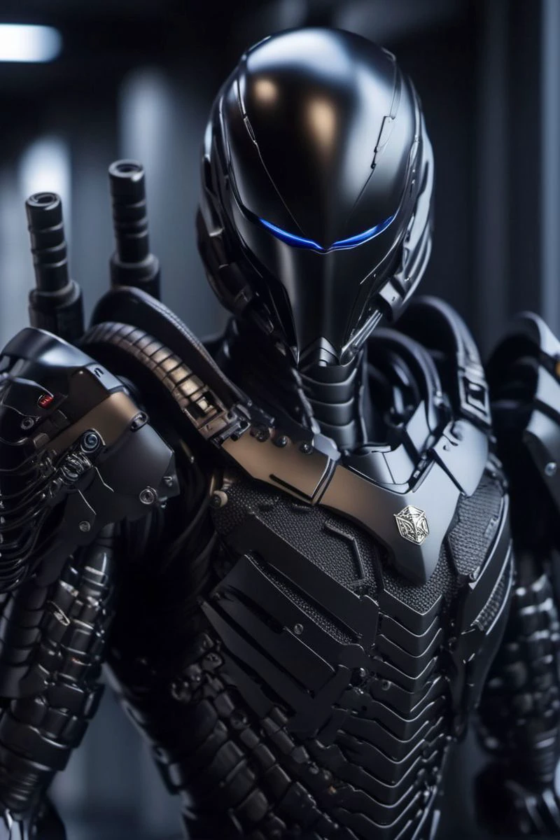 robot,anatomically perfect woman,carbon fiber,tactical, ((black metal)), wiring,glowing eyes,artificial muscle,exposed machinery,LED lights, <lora:cyborg_style_xl:0.8>,black hair,blue eyes,(((full body))),natural looking face, (normal size eyes),dark future facility hallway in background,normal arms,skin only showing on face, robotic abs,normal arms and legs covered in robotic armour, black gun metal armoured,facing towards camera, armored legs,highly detailed eyes,((walking towards camera)),lips slightly parted,perfect hands, slightly evil looking, normal width waist,<lora:jijia_xl:0.8>,dark,menacing,armored arms, walking down hallway towards camera,(((jet black armor))),((large boobs)),perfect female form,walking towards camera,((full body armor)),dark background,age 22,photorealistic,embossed text across right chest plate "J.S.C.A. - MK 32", miliary logo on left chest plate, holding a futuristic black handgun