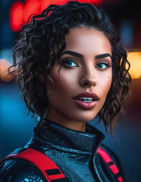 Marta Syrko style, extremely sexy, bright clothes, african woman, lusful look, short and long curly hair, sensual smile, spitline in mouth, tongue tip out of mouth, tongue between teeth, like before a kiss, few cute freckles, dramatic blue key light, cyberpunk aesthetic, photo of beautiful young cute cyberpunk lady, cibi, babyface, glowing eyes, extreme cyberpunk haircut, huge smile showing teeth, dying of laughter, laughing out loud, perfect teeth, replicant, fake skin, human sinlike texture, a woman with beautiful hair, lots of colored zips, high tech cyberpunk attire, dressed in leather and neon lights, lineson clothes, shadows on clothes, bump mapping, light dots on clothes,no lipstick, glossy lips, as a star in a (movieiere), premiere gala, (near a movie thea natural skin texture, (sexy tight white sheer mesh turtleneck dress), 24mm, 4k textures, soft cinematic light, adobe lightroom, photolab, hdr, intricate, elegant, highly detailed, sharp focus, ((((cinematic look)))), soothing tones, insane details, intricate details, hyperdetailed, low contrast, soft cinematic light, exposure blend, hdr, faded, (paparazzi in background), (painted lips:1.1), ((looking at camera:1.1)), lasers shooting in the background.