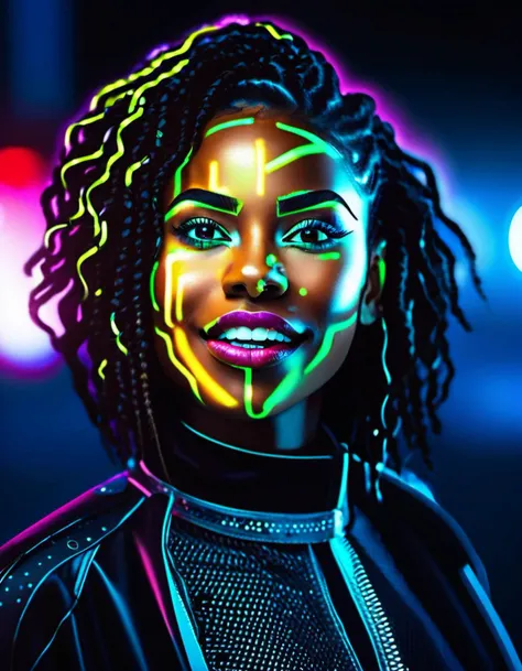 Marta Syrko style, ebony african woman, lusful look, long curly hair, sensual smile, spitline in mouth, tongue tip out of mouth, tongue between teeth, like before a kiss, few cute freckles, dramatic blue key light, cyberpunk aesthetic, photo of beautiful young cute cyberpunk lady, cibi, babyface, glowing eyes, extreme cyberpunk haircut, huge smile showing teeth, dying of laughter, laughing out loud, perfect teeth, replicant, fake skin, human sinlike texture, a woman with beautiful hair, lots of colored zips, high tech cyberpunk attire, dressed in leather and neon lights, lineson clothes, shadows on clothes, bump mapping, light dots on clothes,no lipstick, glossy lips, as a star in a (movieiere), premiere gala, (near a movie thea natural skin texture, (sexy tight white sheer mesh turtleneck dress), 24mm, 4k textures, soft cinematic light, adobe lightroom, photolab, hdr, intricate, elegant, highly detailed, sharp focus, ((((cinematic look)))), soothing tones, insane details, intricate details, hyperdetailed, low contrast, soft cinematic light, exposure blend, hdr, faded, (paparazzi in background), (painted lips:1.1), ((looking at camera:1.1)), lasers shooting in the background.