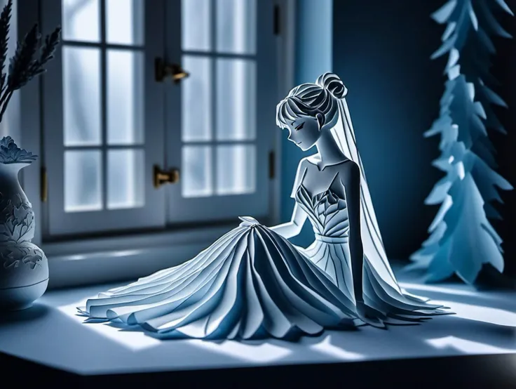Kirigami representation of anime artwork hand drawn, In a room adorned with an eclectic collection of knick-knacks, each telling a story of its own, lay Sophia, enveloped in the soft embrace of a thin comforter. She was the epitome of serenity, dressed in a white and light blue negligee that seemed to borrow its hues from the morning sky. Her bare feet peeked out from the edge of the comforter, as if playfully greeting the new day. The room was a masterpiece of lived-in beauty, its every corner a testament to her unique journey. As the first rays of dawn filtered through the window, casting a golden glow on her peaceful visage, it was as if the universe itself had paused to admire the unparalleled quality of this simple yet profound moment.highly detailed, breathtaking, best quality ,(intricate details), (hyperdetailed), 8k hdr, high detailed, lot of details, high quality, soft cinematic light, dramatic atmosphere, atmospheric perspective . 3D, paper folding, paper cutting, Japanese, intricate, symmetrical, precision, clean lines