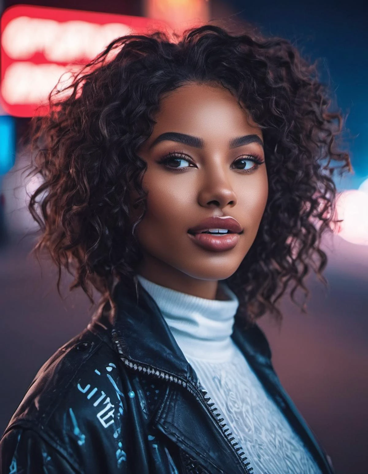 Marta Syrko style, african asian woman, lusful look, long curly hair, sensual smile, spitline in mouth, tongue tip out of mouth, tongue between teeth, like before a kiss, few cute freckles, dramatic blue key light, cyberpunk aesthetic, photo of beautiful young cute cyberpunk lady, cibi, babyface, glowing eyes, extreme cyberpunk haircut, huge smile showing teeth, dying of laughter, laughing out loud, perfect teeth, replicant, fake skin, human sinlike texture, a woman with beautiful hair, lots of colored zips, high tech cyberpunk attire, dressed in leather and neon lights, lineson clothes, shadows on clothes, bump mapping, light dots on clothes,no lipstick, glossy lips, as a movie star in a (movie premiere), premiere gala, (near a movie theatre), natural skin texture, (sexy tight white sheer mesh turtleneck dress), 24mm, 4k textures, soft cinematic light, adobe lightroom, photolab, hdr, intricate, elegant, highly detailed, sharp focus, ((((cinematic look)))), soothing tones, insane details, intricate details, hyperdetailed, low contrast, soft cinematic light, exposure blend, hdr, faded, (paparazzi in background), (painted lips:1.1), ((looking at camera:1.1)), lasers shooting in the background.