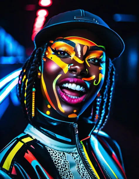 Marta Syrko style, ebony african woman, lusful look, long curly hair, sensual smile, spitline in mouth, tongue tip out of mouth, tongue between teeth, like before a kiss, few cute freckles, dramatic blue key light, cyberpunk aesthetic, photo of beautiful young cute cyberpunk lady, cibi, babyface, glowing eyes, extreme cyberpunk haircut, huge smile showing teeth, dying of laughter, laughing out loud, perfect teeth, replicant, fake skin, human sinlike texture, a woman with beautiful hair, lots of colored zips, high tech cyberpunk attire, dressed in leather and neon lights, lineson clothes, shadows on clothes, bump mapping, light dots on clothes,no lipstick,  glossy lips, as a movie star in a (movie premiere), premiere gala, (near a movie theatre), natural skin texture, (sexy tight white sheer mesh turtleneck dress), 24mm, 4k textures, soft cinematic light, adobe lightroom, photolab, hdr, intricate, elegant, highly detailed, sharp focus, ((((cinematic look)))), soothing tones, insane details, intricate details, hyperdetailed, low contrast, soft cinematic light, exposure blend, hdr, faded, (paparazzi in background), (painted lips:1.1), ((looking at camera:1.1)), lasers shooting in the background.