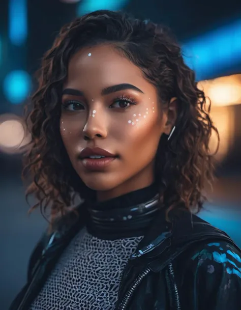 Marta Syrko style, african asian woman, lusful look, long curly hair, sensual smile, spitline in mouth, tongue tip out of mouth, tongue between teeth, like before a kiss, few cute freckles, dramatic blue key light, cyberpunk aesthetic, photo of beautiful young cute cyberpunk lady, cibi, babyface, glowing eyes, extreme cyberpunk haircut, huge smile showing teeth, dying of laughter, laughing out loud, perfect teeth, replicant, fake skin, human sinlike texture, a woman with beautiful hair, lots of colored zips, high tech cyberpunk attire, dressed in leather and neon lights, lineson clothes, shadows on clothes, bump mapping, light dots on clothes,no lipstick,  glossy lips, as a movie star in a (movie premiere), premiere gala, (near a movie theatre), natural skin texture, (sexy tight white sheer mesh turtleneck dress), 24mm, 4k textures, soft cinematic light, adobe lightroom, photolab, hdr, intricate, elegant, highly detailed, sharp focus, ((((cinematic look)))), soothing tones, insane details, intricate details, hyperdetailed, low contrast, soft cinematic light, exposure blend, hdr, faded, (paparazzi in background), (painted lips:1.1), ((looking at camera:1.1)), lasers shooting in the background.