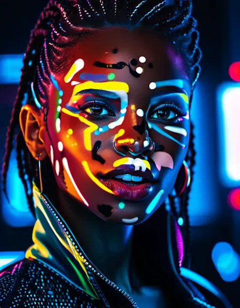 Marta Syrko style, african woman, lusful look, long curly hair, sensual smile, spitline in mouth, tongue tip out of mouth, tongue between teeth, like before a kiss, few cute freckles, dramatic blue key light, cyberpunk aesthetic, photo of beautiful young cute cyberpunk lady, cibi, babyface, glowing eyes, extreme cyberpunk haircut, huge smile showing teeth, dying of laughter, laughing out loud, perfect teeth, replicant, fake skin, human sinlike texture, a woman with beautiful hair, lots of colored zips, high tech cyberpunk attire, dressed in leather and neon lights, lineson clothes, shadows on clothes, bump mapping, light dots on clothes,no lipstick, glossy lips, as a movie star in a (movie premiere), premiere gala, (near a movie theatre), natural skin texture, (sexy tight white sheer mesh turtleneck dress), 24mm, 4k textures, soft cinematic light, adobe lightroom, photolab, hdr, intricate, elegant, highly detailed, sharp focus, ((((cinematic look)))), soothing tones, insane details, intricate details, hyperdetailed, low contrast, soft cinematic light, exposure blend, hdr, faded, (paparazzi in background), (painted lips:1.1), ((looking at camera:1.1)), lasers shooting in the background.