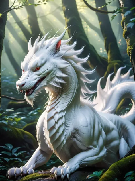 <lora:add-detail-xl:1> <lora:FaeTastic:0.8> chinese white dragon, white hair, white fur,l ong body, long slender tail, long, in an enchanted forest