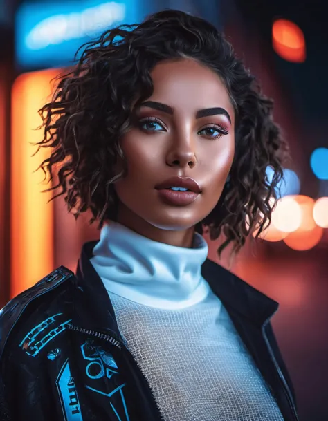 Marta Syrko style, extremely sexy, bright clothes, african woman, lusful look, short and long curly hair, sensual smile, spitline in mouth, tongue tip out of mouth, tongue between teeth, like before a kiss, few cute freckles, dramatic blue key light, cyberpunk aesthetic, photo of beautiful young cute cyberpunk lady, cibi, babyface, glowing eyes, extreme cyberpunk haircut, huge smile showing teeth, dying of laughter, laughing out loud, perfect teeth, replicant, fake skin, human sinlike texture, a woman with beautiful hair, lots of colored zips, high tech cyberpunk attire, dressed in leather and neon lights, lineson clothes, shadows on clothes, bump mapping, light dots on clothes,no lipstick, glossy lips, as a movie star in a (movie premiere), premiere gala, (near a movie theatre), natural skin texture, (sexy tight white sheer mesh turtleneck dress), 24mm, 4k textures, soft cinematic light, adobe lightroom, photolab, hdr, intricate, elegant, highly detailed, sharp focus, ((((cinematic look)))), soothing tones, insane details, intricate details, hyperdetailed, low contrast, soft cinematic light, exposure blend, hdr, faded, (paparazzi in background), (painted lips:1.1), ((looking at camera:1.1)), lasers shooting in the background.