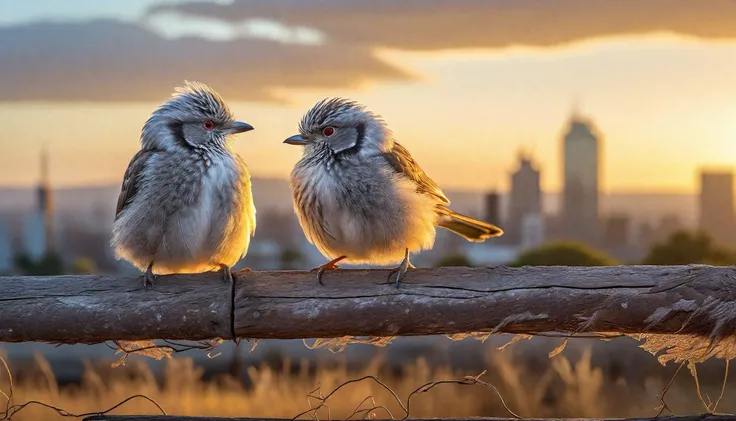 Capturing images of wild animals Professional Photo of two fluffy birds sitting, detailed feathers, on an old wooden fence, taken at sunrise, sun is visible in the background, background is a big city, birds are well lit, intricate details , often in their natural habitats, focusing on behavior and appearance.