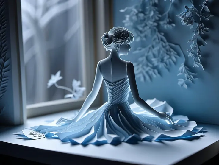 Kirigami representation of anime artwork hand drawn, In a room adorned with an eclectic collection of knick-knacks, each telling a story of its own, lay Sophia, enveloped in the soft embrace of a thin comforter. She was the epitome of serenity, dressed in a white and light blue negligee that seemed to borrow its hues from the morning sky. Her bare feet peeked out from the edge of the comforter, as if playfully greeting the new day. The room was a masterpiece of lived-in beauty, its every corner a testament to her unique journey. As the first rays of dawn filtered through the window, casting a golden glow on her peaceful visage, it was as if the universe itself had paused to admire the unparalleled quality of this simple yet profound moment.highly detailed, breathtaking, best quality ,(intricate details), (hyperdetailed), 8k hdr, high detailed, lot of details, high quality, soft cinematic light, dramatic atmosphere, atmospheric perspective . 3D, paper folding, paper cutting, Japanese, intricate, symmetrical, precision, clean lines