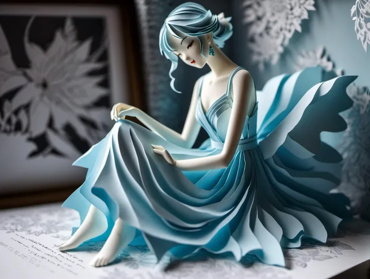 Kirigami representation of anime artwork hand drawn, In a room adorned with an eclectic collection of knick-knacks, each telling a story of its own, lay Sophia, enveloped in the soft embrace of a thin comforter. She was the epitome of serenity, dressed in a white and light blue negligee that seemed to borrow its hues from the morning sky. Her bare feet peeked out from the edge of the comforter, as if playfully greeting the new day. The room was a masterpiece of lived-in beauty, its every corner a testament to her unique journey. As the first rays of dawn filtered through the window, casting a golden glow on her peaceful visage, it was as if the universe itself had paused to admire the unparalleled quality of this simple yet profound moment.highly detailed, breathtaking, best quality ,(intricate details), (hyperdetailed), 8k hdr, high detailed, lot of details, high quality, soft cinematic light, dramatic atmosphere, atmospheric perspective . 3D, paper folding, paper cutting, Japanese, intricate, symmetrical, precision, clean lines