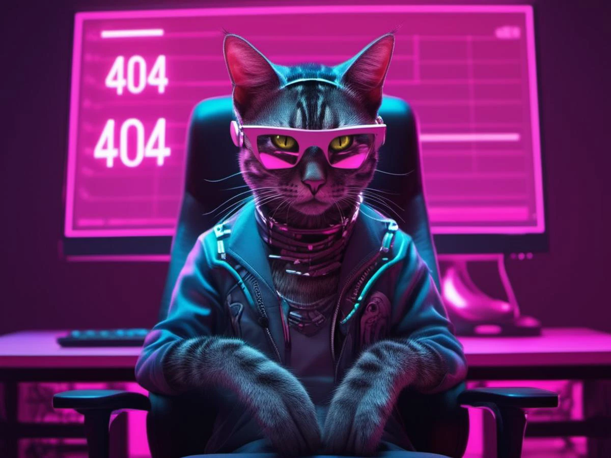 masterpiece, best quality, a cyber cat sitting on a gaming chair, coding on computer, on the screen there is a sign with the text (404) , neon light
