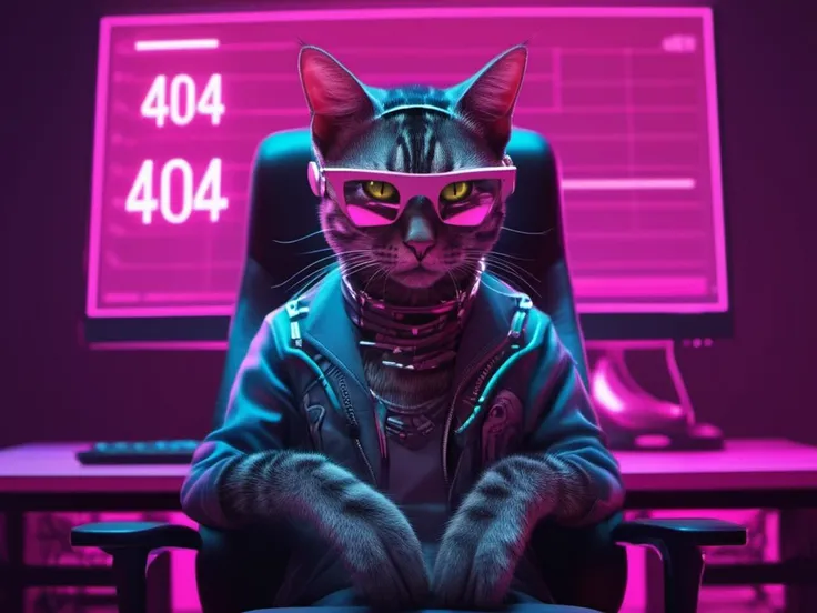 masterpiece, best quality, a cyber cat sitting on a gaming chair, coding on computer, on the screen there is a sign with the text (404) , neon light