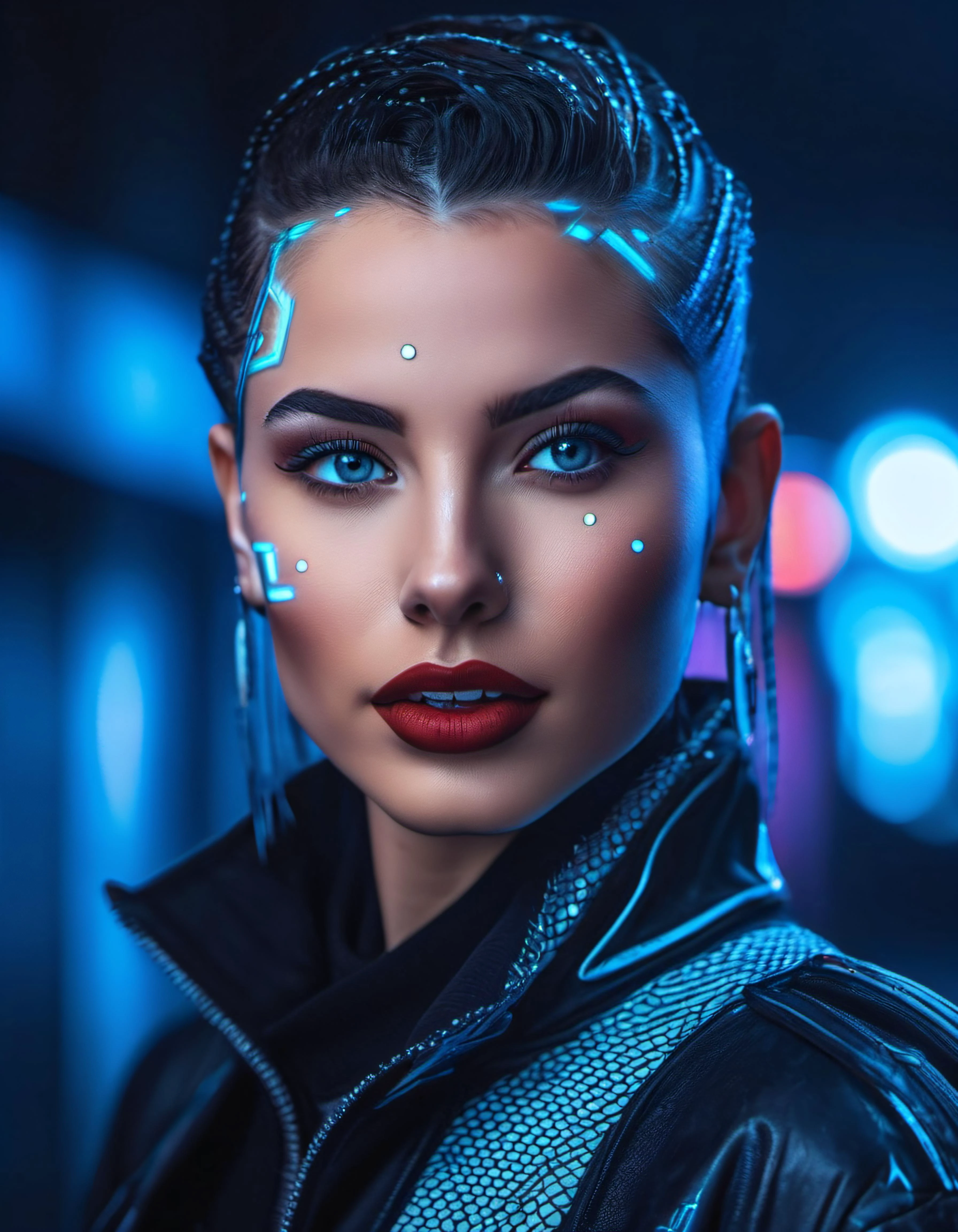 Marta Syrko style, extremely horror, bright clothes, Horror Legend Bela Lugosi, lusful look, sensual smile, spitline in mouth, tongue tip out of mouth, tongue between teeth, like before a kiss, few cute freckles, dramatic blue key light, cyberpunk aesthetic, photo of beautiful young cute cyberpunk lady, cibi, babyface, glowing eyes, extreme cyberpunk haircut, huge smile showing teeth, dying of laughter, laughing out loud, perfect teeth, replicant, fake skin, human sinlike texture, a woman with beautiful hair, lots of colored zips, high tech cyberpunk attire, dressed in leather and neon lights, lineson clothes, shadows on clothes, bump mapping, light dots on clothes,no lipstick, glossy lips, as a movie star in a (movie premiere), premiere gala, (near a movie theatre), natural skin texture, (sexy tight white sheer mesh turtleneck dress), 24mm, 4k textures, soft cinematic light, adobe lightroom, photolab, hdr, intricate, elegant, highly detailed, sharp focus, ((((cinematic look)))), soothing tones, insane details, intricate details, hyperdetailed, low contrast, soft cinematic light, exposure blend, hdr, faded, (paparazzi in background), (painted lips:1.1), ((looking at camera:1.1)), lasers shooting in the background.