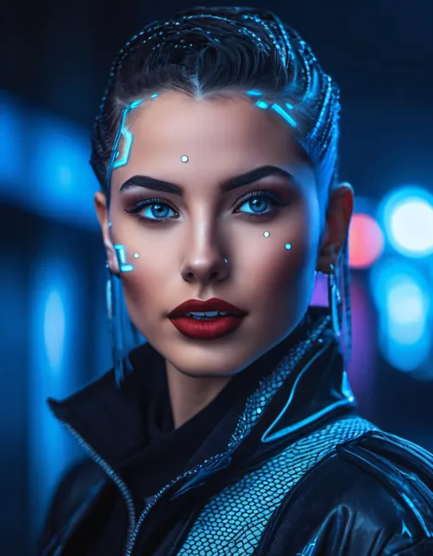 Marta Syrko style, extremely horror, bright clothes, Horror Legend Bela Lugosi, lusful look, sensual smile, spitline in mouth, tongue tip out of mouth, tongue between teeth, like before a kiss, few cute freckles, dramatic blue key light, cyberpunk aesthetic, photo of beautiful young cute cyberpunk lady, cibi, babyface, glowing eyes, extreme cyberpunk haircut, huge smile showing teeth, dying of laughter, laughing out loud, perfect teeth, replicant, fake skin, human sinlike texture, a woman with beautiful hair, lots of colored zips, high tech cyberpunk attire, dressed in leather and neon lights, lineson clothes, shadows on clothes, bump mapping, light dots on clothes,no lipstick, glossy lips, as a star in a (movieiere), premiere gala, (near a movie thea natural skin texture, (sexy tight white sheer mesh turtleneck dress), 24mm, 4k textures, soft cinematic light, adobe lightroom, photolab, hdr, intricate, elegant, highly detailed, sharp focus, ((((cinematic look)))), soothing tones, insane details, intricate details, hyperdetailed, low contrast, soft cinematic light, exposure blend, hdr, faded, (paparazzi in background), (painted lips:1.1), ((looking at camera:1.1)), lasers shooting in the background.
