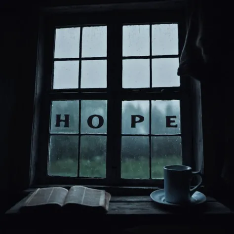 a cozy place in front of an old window, it's raining outside, the night is dark, the word "hope" is written on the window