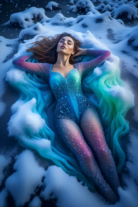 a beautiful woman lies on her back, (melting into the snow:1.9), (shrouded in mist:1.9), wearing a colorful full body suit,
full body view, overhead view, night, aurora,
realistic photo,
<lora:perfect hands 2:0.7>