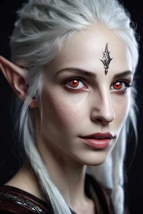a portrait shot of a wood elf , she has white hair and red eyes , high quality