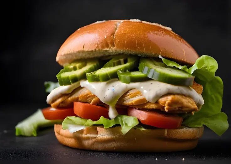 a portrait photo of a chicken sandwich with mayo, lettuce, tomatoes and pickles