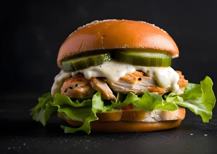 a portrait photo of a chicken sandwich with mayo, lettuce, tomatoes and pickles